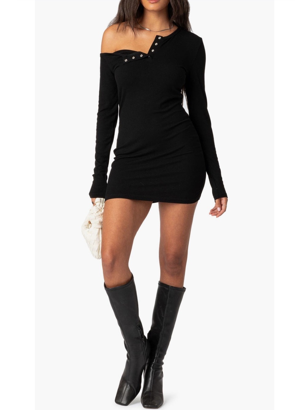 Edikted Soleste Long Sleeve Rib Henley Dress New!